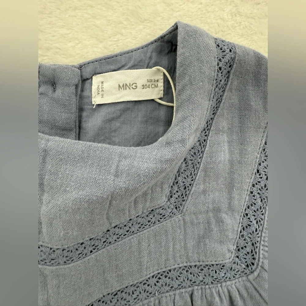 Mango kids blue embroidered cotton dress Size 3-4 Coastal Classic Easter Church